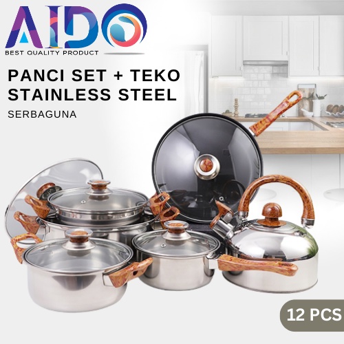 Panci Wajan Teko set 12pcs Stainless steel with tutup kaca merk Q2 PANCI SET SERBAGUNA