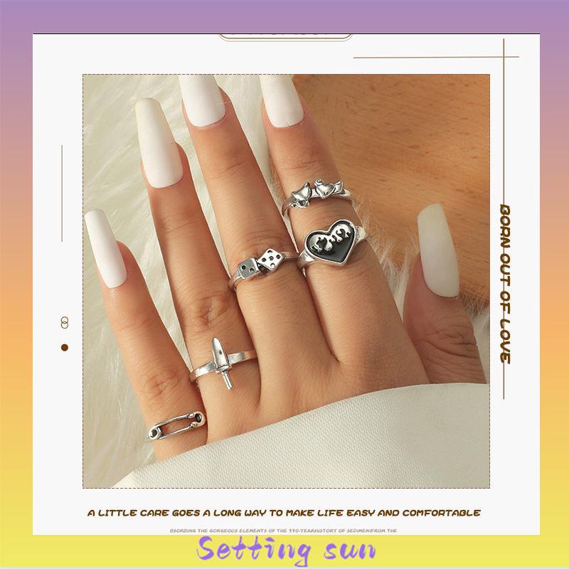 Domingo Ring Alloy peniti dadu love pedang retro silver cincin wanita fashion korea 5 set TN