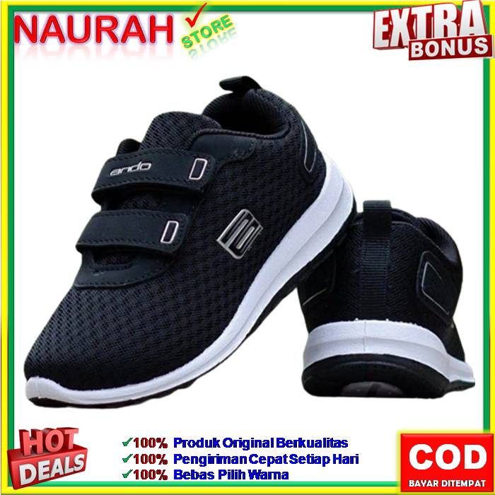 SEPATU ANDO ZORA VELCRO ORIGINAL SEPATU HITAM SNEAKERS ANAK SD SMP SPORT RUNNING JOGGING FITNESS KUALITAS IMPORT AWET SOL ANTI SLIP NYAMAN EMPUK