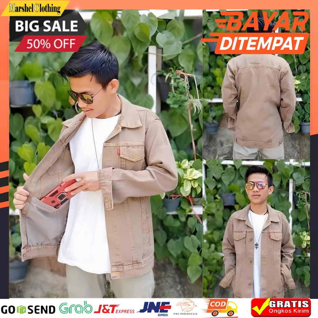 𝐩Ⓙв - Jaket Jeans Denim Warna Cream/Mocca Model Casual Pria / Jaket Jeans Jumbo Pria / Jaket Jeans B