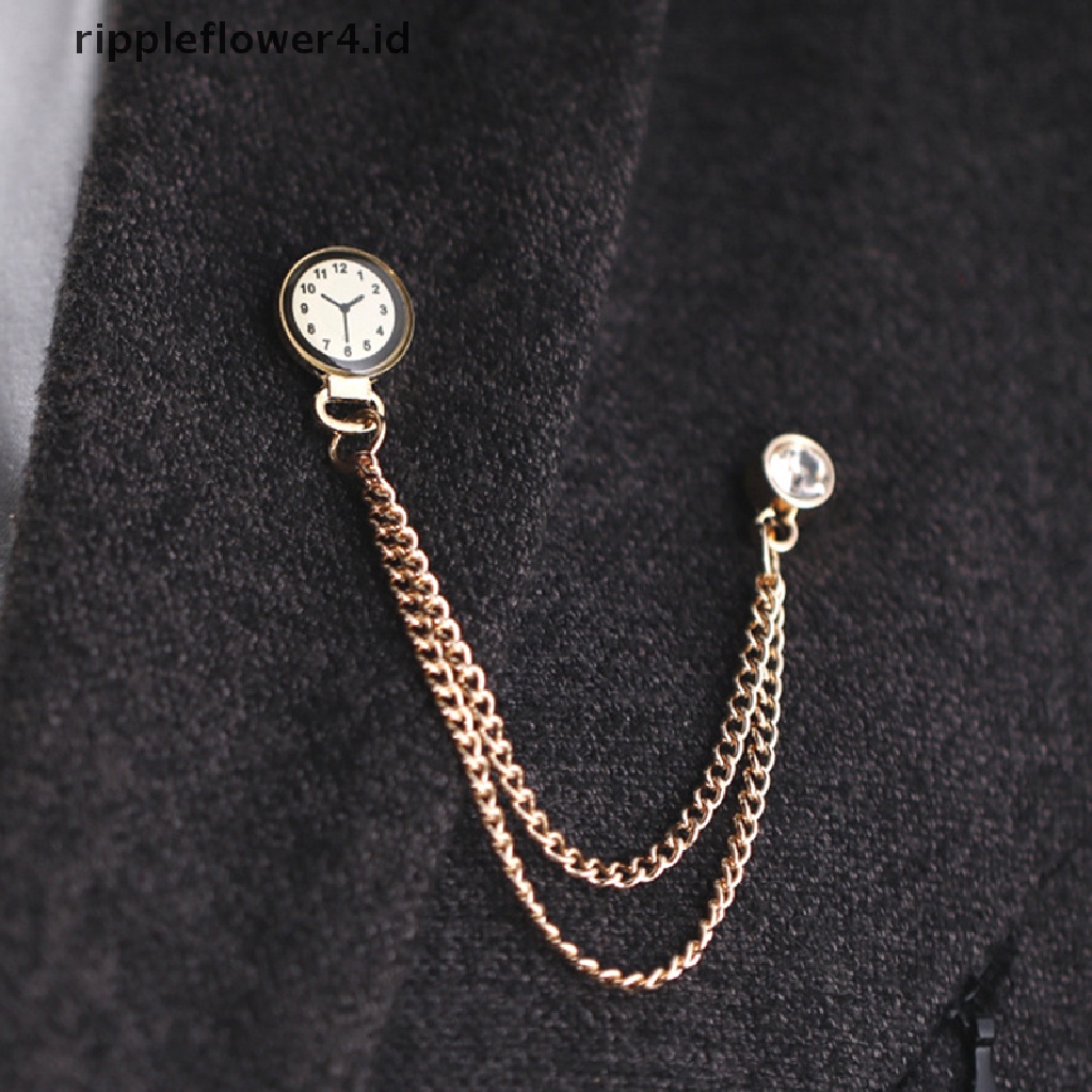 {rippleflower4.id} Retro Crystal Jam Bros Setelan Baju Rumbai Rantai Lapel Pin Wanita Pria Perhiasan~