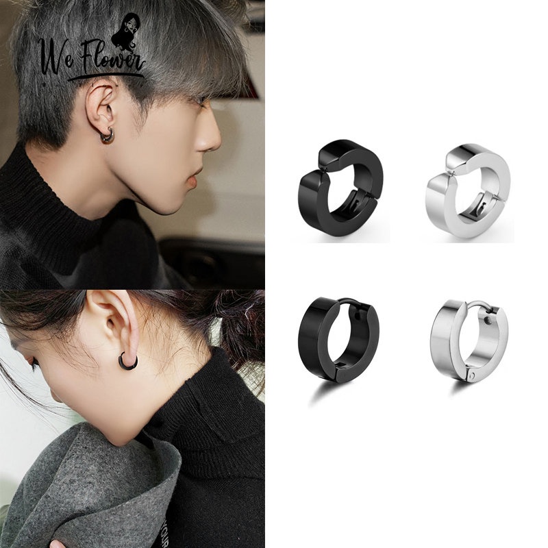 We Flower 1PC Stylish Titanium Steel Chunky Hoop Earrings Untuk Pria Wanita Punk Perak Hitam Cuff Earring Keren Fashion Perhiasan Telinga