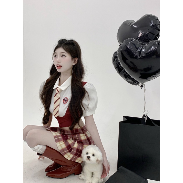 ◄♠⊙Suhao College Palsu Dua Potong Lengan Pendek Kemeja Wanita Musim Panas Splicing Slim Putih Kemeja Pendek Rasa desain Niche Top