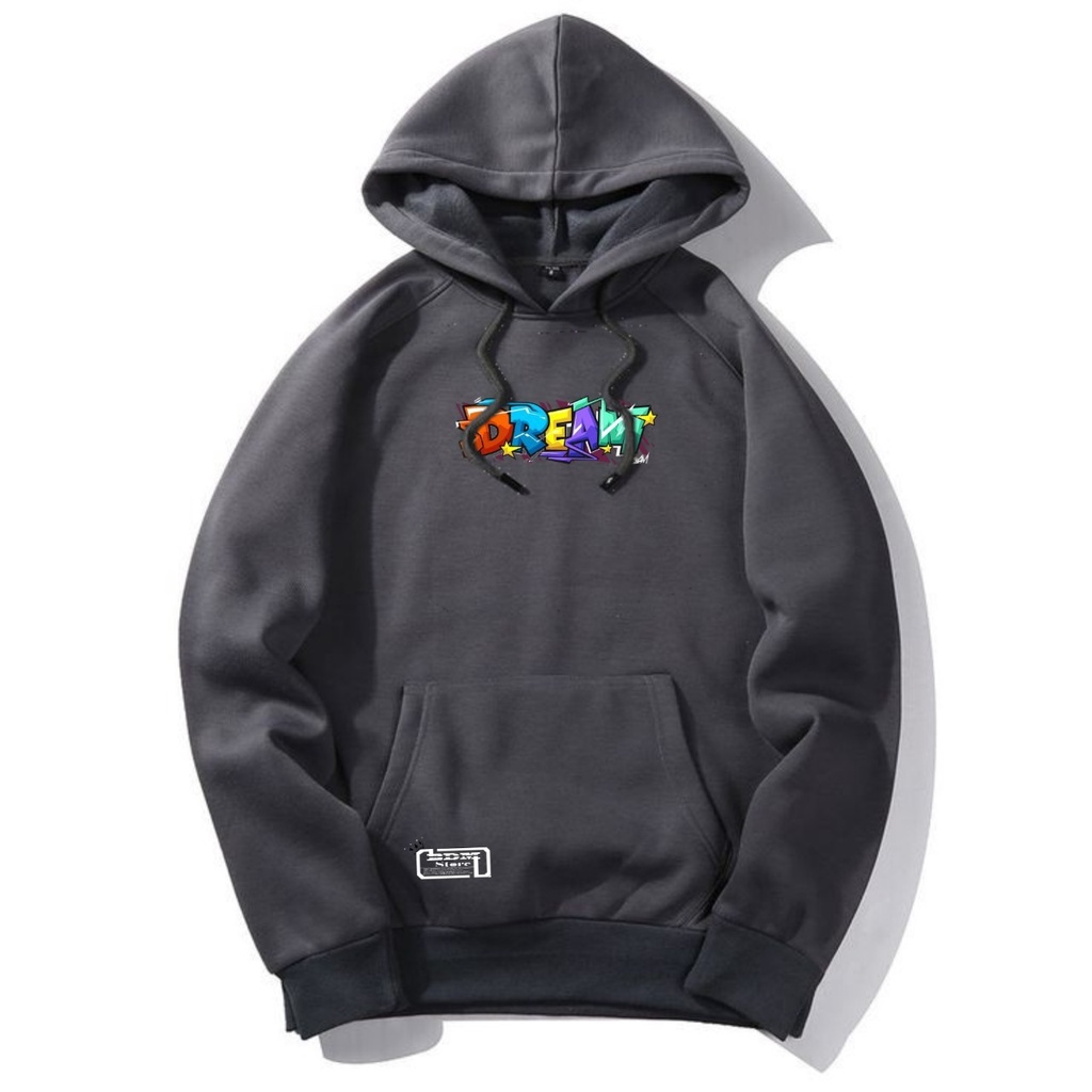 Jaket Pria Wanita Hoodie Distro Terbaru Motif Dream Warna Abu Denim Size M-XXL Bahan Katun Fleece Lembut