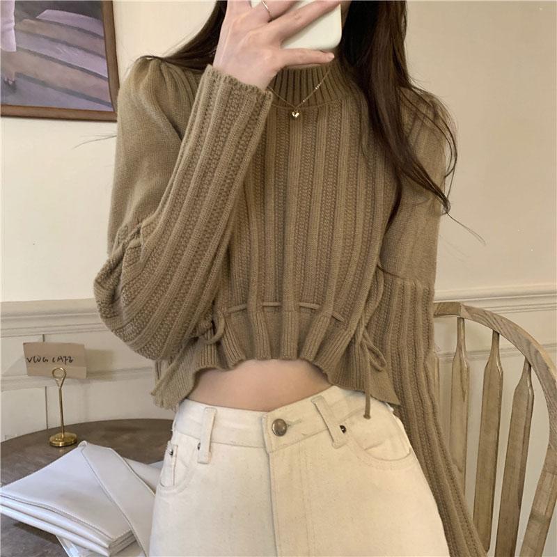 Atasan Wanita Korea Rajut Crop Lengan Panjang Vintage Polos Sweater