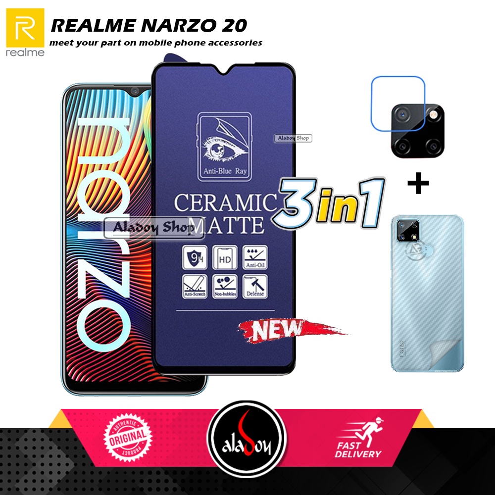 PAKET 3IN1 Anti Gores Blue Matte Anti Glare Realme Narzo 20 + Tempered Glass Camera dan Skin Carbon