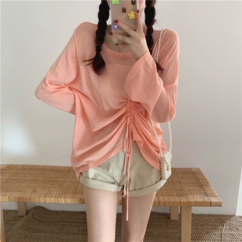 yikoo-Fashion kaos lengan panjang blouse serut atasan wanita tipis