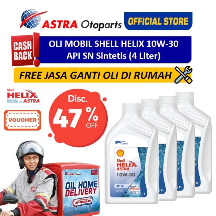 Oli Mobil Shell Helix 10W-30 (4 Ltr) + Free Ganti Oli di Tempat/Rumah