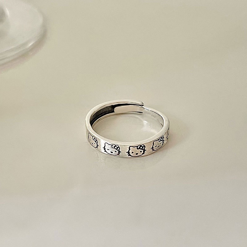Roselife Korea Retro Perak Adjustable Kartun Hello Kitty Cincin Untuk Wanita Gadis Kucing Yang Indah Kitten Jari Cincin Untuk Teman Fashion Perhiasan Hadiah