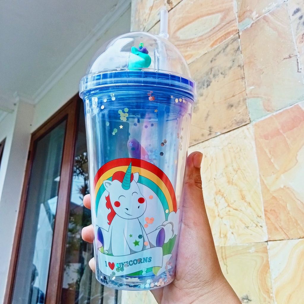 Botol Tumbler Gel Glitter Anak Karakter Hewan Lucu 3D Unicorn Dino Ada Sedotan