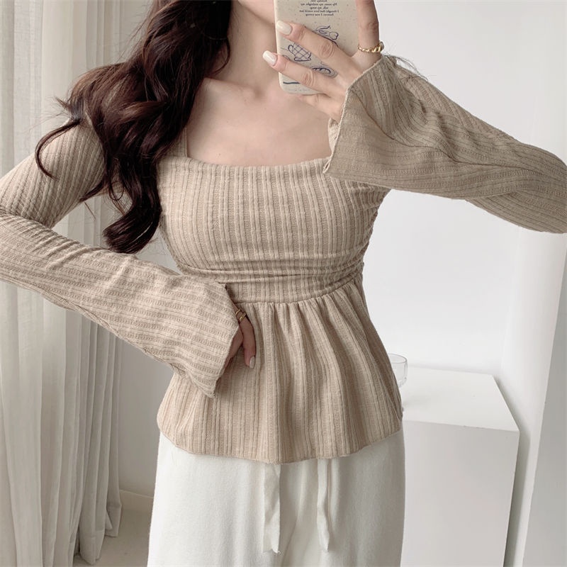 ﹍✼Suhao gaya hasrat murni hot girl square collar long-sleeve t-shirt wanita musim gugur dan musim dingin trumpet sleeve bottoming shirt dengan slim fit dan thin belly cover top