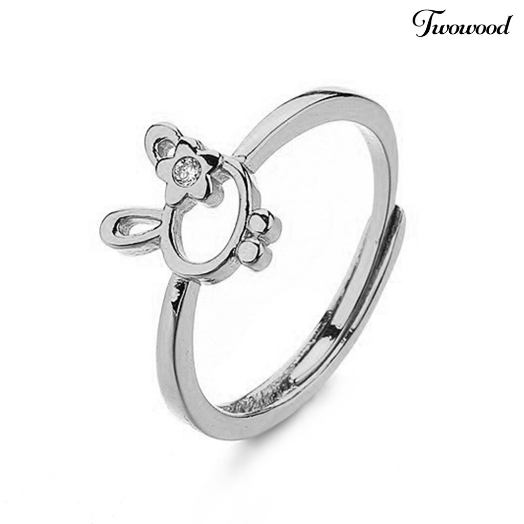 Twowood Wanita Cincin Manis All-match Aksesoris Fashion Open-end Cute Rabbit Flower Rhinestone Ring Untuk Pakaian Sehari-Hari