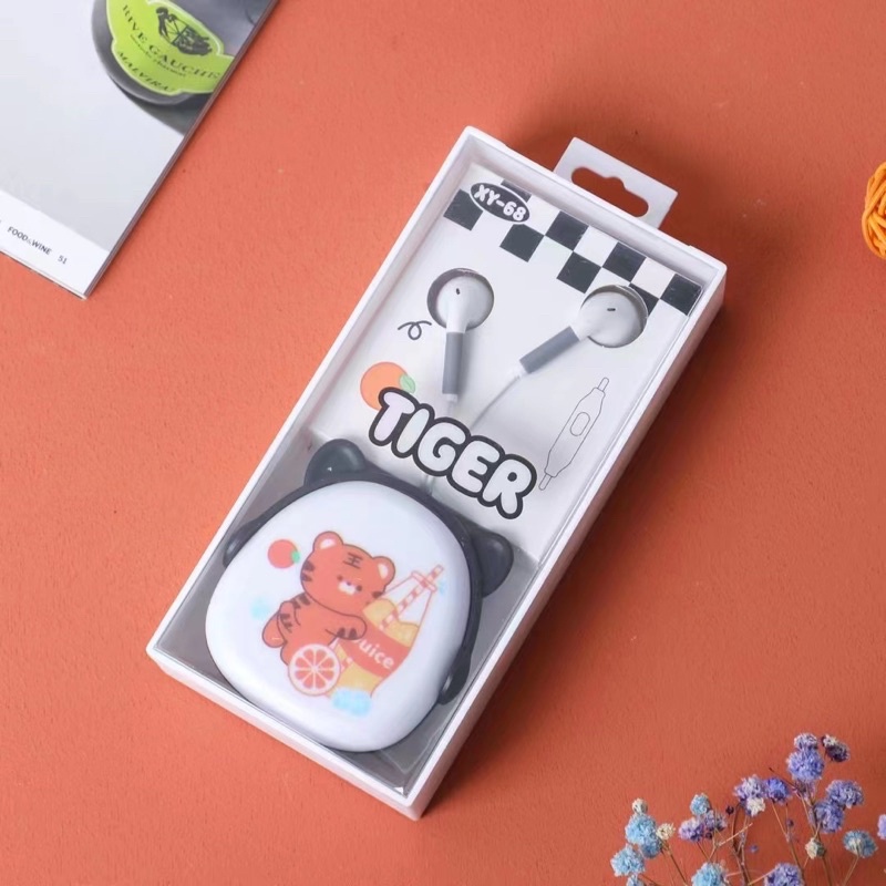 [ XY 68 ] Set Headset Earphone karakter seri XY 68 motif Tiger Animal  plus Wadah penyimpanan Earphone Motif