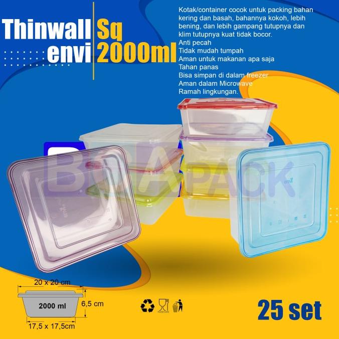 Thinwall Premium Warna 2000ml SQ( 2000 ml ) Food Container isi 25 set