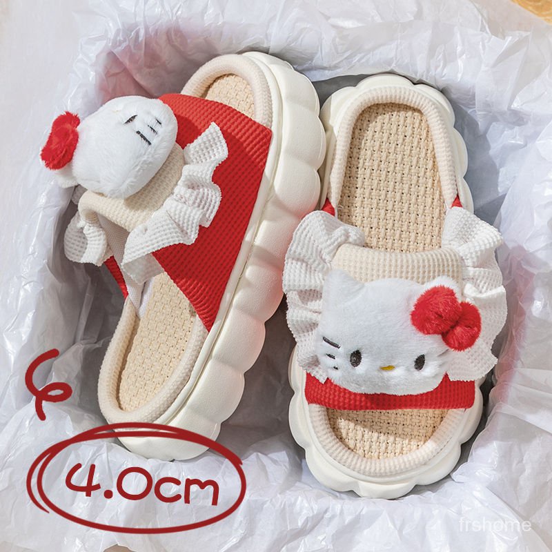 Linen sandal wanita musim semi tebal bawah kartun lucu empat musim dalam ruangan rumah tangga non-sl