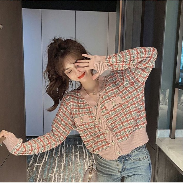 XIAOZHAINV Korean Style Lengan Panjan Rajut Cardigan Crop Top Wanita 6964