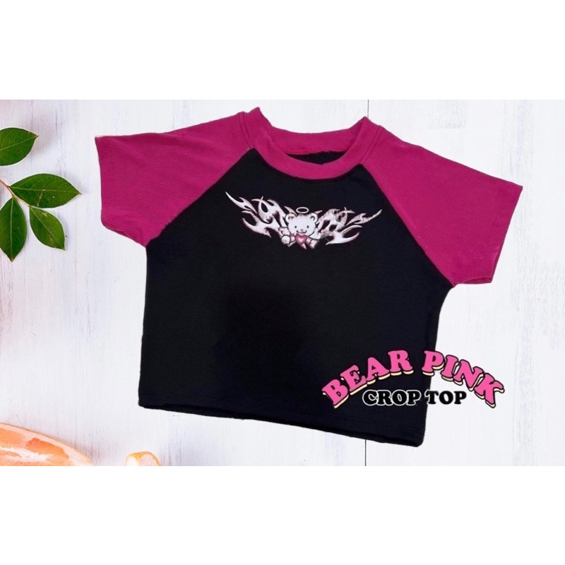 Kaos Atasan Crop Top Wanita Bear Pink