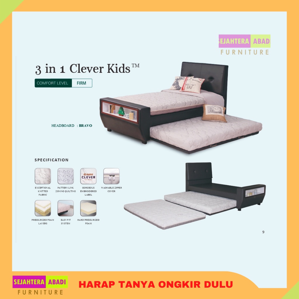 Guhdo Springbed Kasur 3in1 Clever Kids zipper pressurized foam Full Set