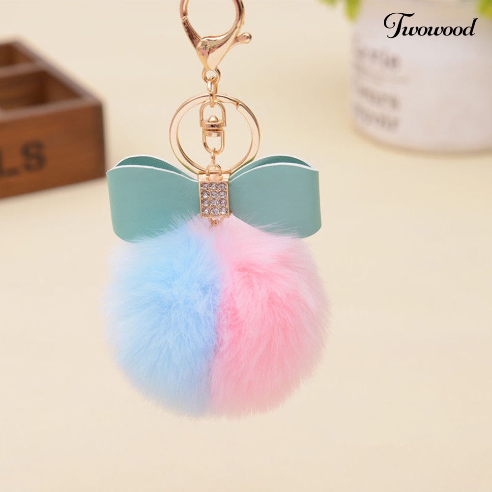 Twowood Faux Rabbit Fur Ball Fluffy Ikatan Simpul Pesona Gantungan Kunci Mobil Handbag Phone Key Ring