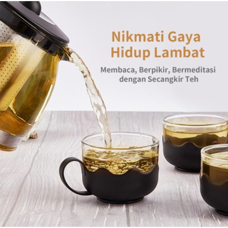Tea Pot Set Kaca 5 in 1 Glass Tea Pot Set Plus Saringan