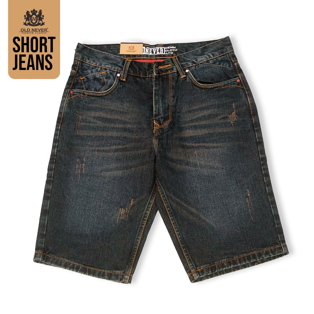 Old Never - Celana Jeans Pendek Sobek Dark Blue 101