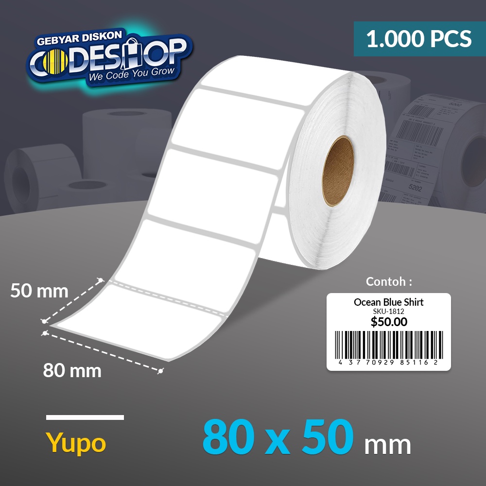 

Codeshop Label Yupo 80 x 50 mm 1 Line Stiker Printer Barcode Core 1 Inch isi 1000 Pcs Tidak Bisa Sobek