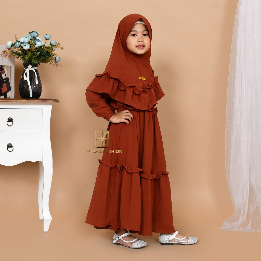 JIIRA baju gamis syari anak perempuan cringkle fashion muslim terbaru  FREE hijab khimar modern dres stelan kerudung serut susun 4 - 9 tahun manasik mengaji maulid nabi warna putih tulang hitam bata lilac lemon pink fuchia moca sagr green olive kekinian