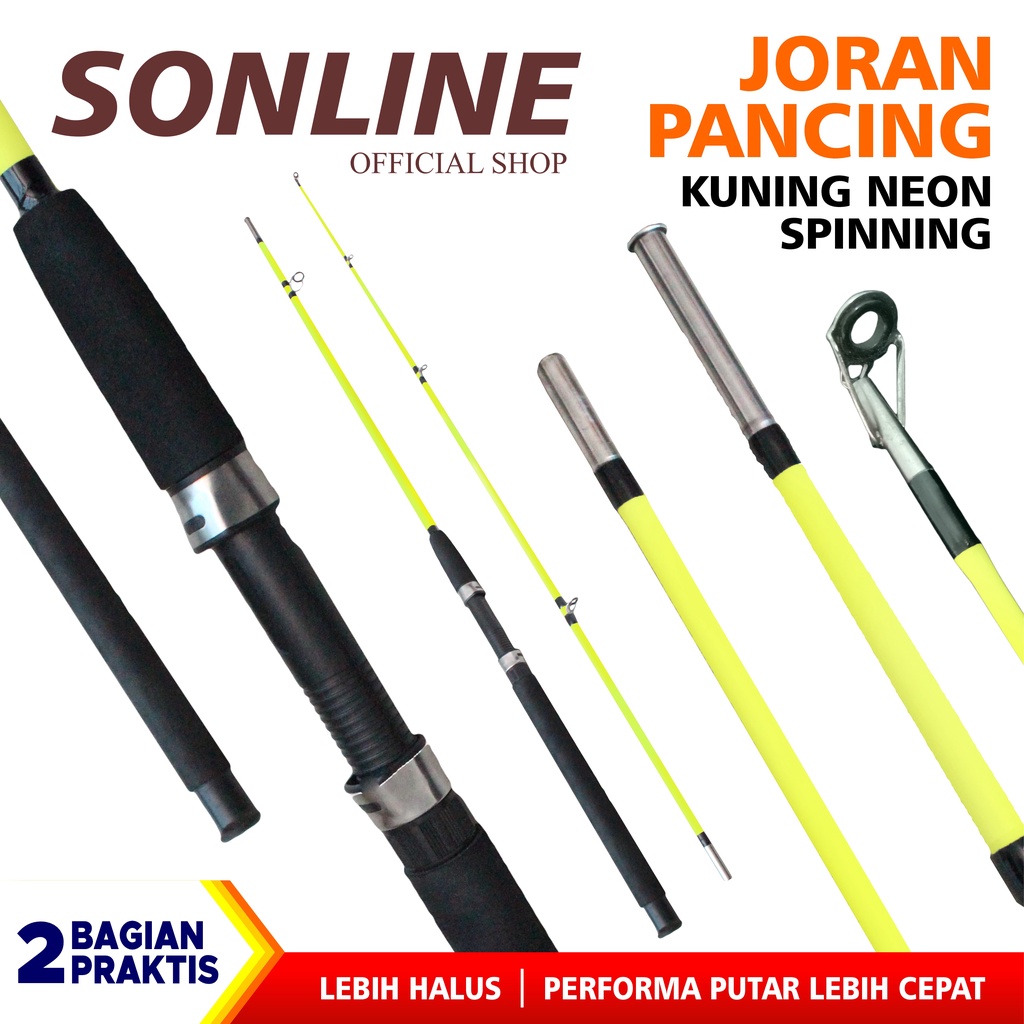 SONLINE Joran Pancing 1.5m s/d 2.1m Fishing Rod Carbon Fiber Joran Pancing Spinning Kuning Neon Fishing Pole 2 Section