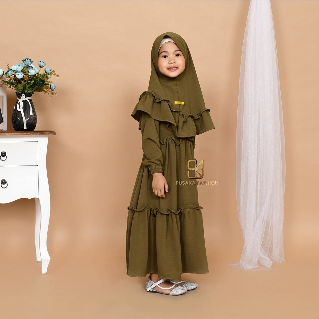 JIIRA baju gamis syari anak perempuan cringkle fashion muslim terbaru  FREE hijab khimar modern dres stelan kerudung serut susun 4 - 9 tahun manasik mengaji maulid nabi warna putih tulang hitam bata lilac lemon pink fuchia moca sagr green olive kekinian