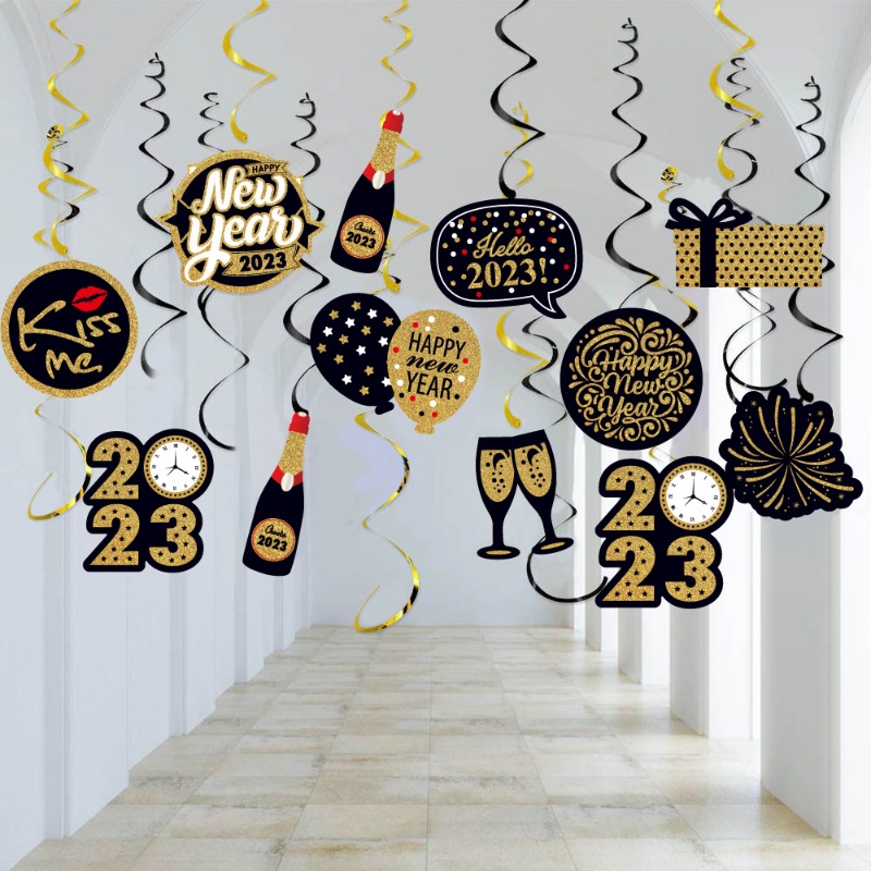 8/10pcs High-end Happy New Year Spiral Pendant Plafon Gantung Garlands 2023 Swirl Ornamen Tahan Lama Dekorasi Pesta Natal