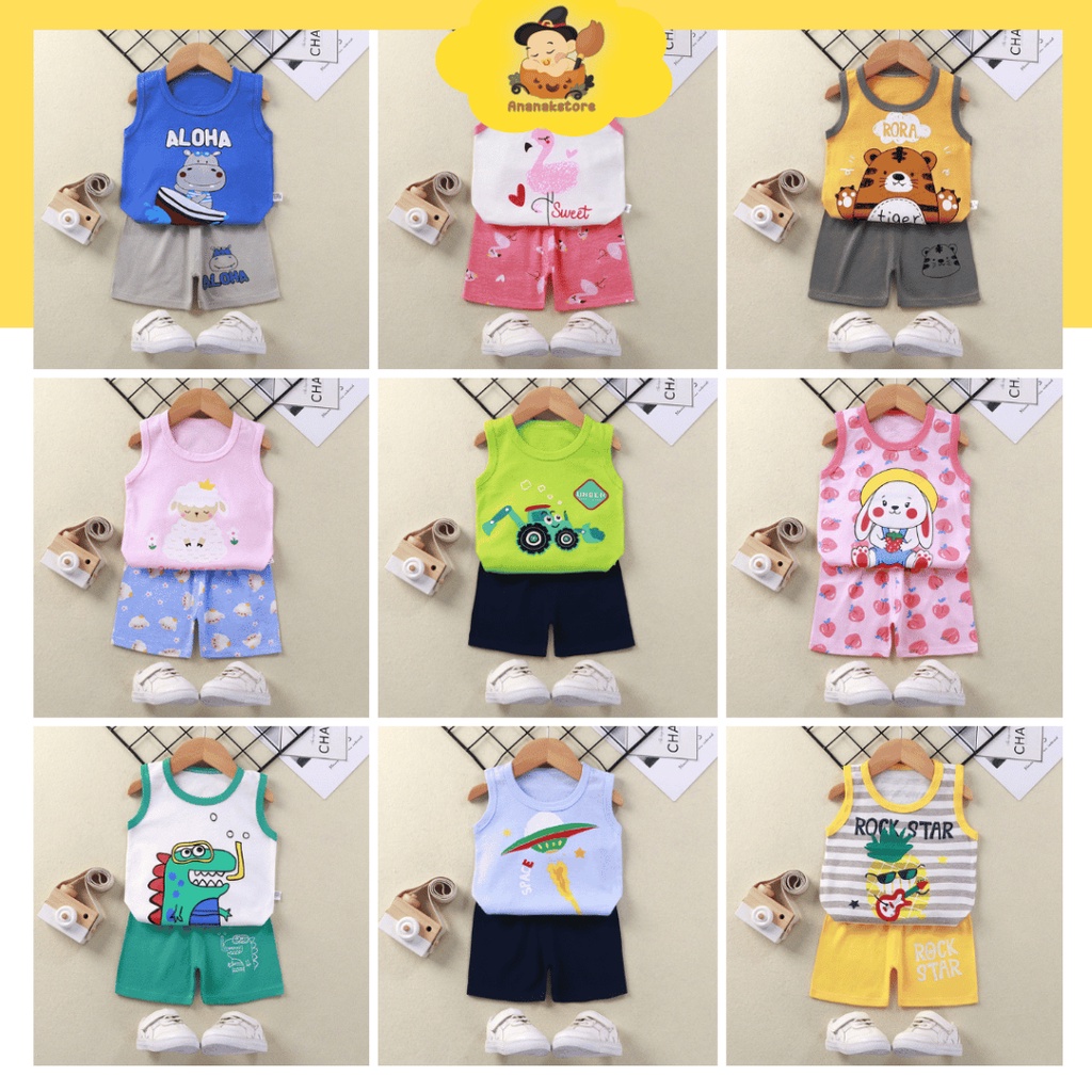 COD Baju Setelan lengan pendek Anak unisex lucu usia 0-2 tahun / Setelan bayi newborn