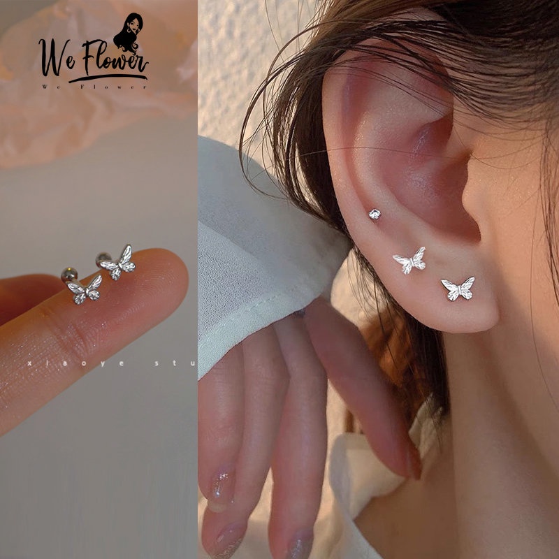 We Flower Korea S925 Korea Bola Perak Kupu-Kupu Stud Anting-Anting Untuk Wanita Gadis Chic Tindik Tulang Rawan Sekrup Anting-Anting Telinga Tulang Perhiasan Hadiah