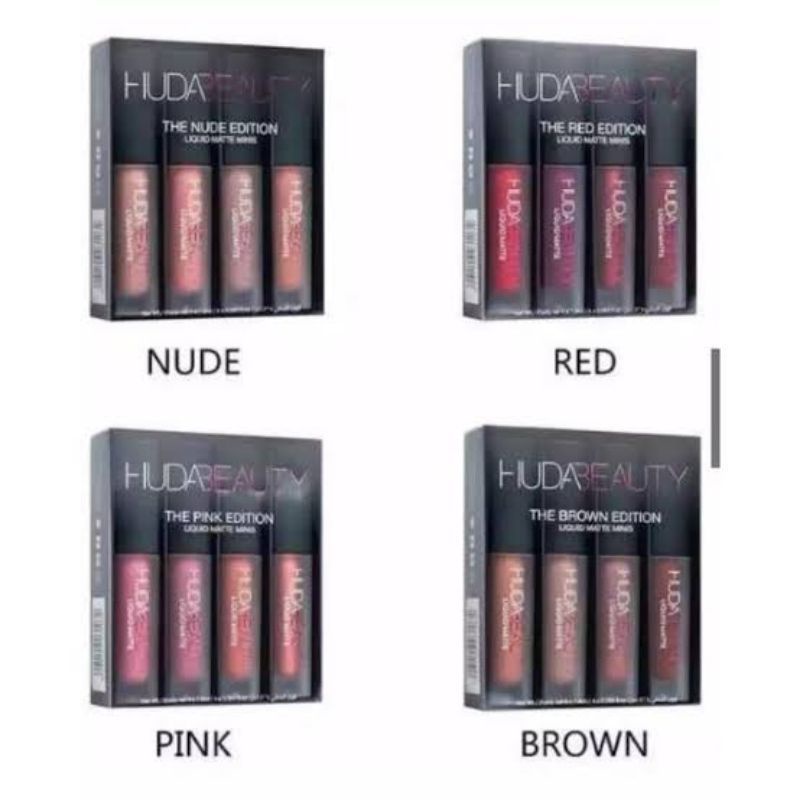 Huda Lipstik Matte Mini 4in1 Huda Beauty Lipstik Lipcream Set Isi 4 The Pink Red Brown Nude Edition 
