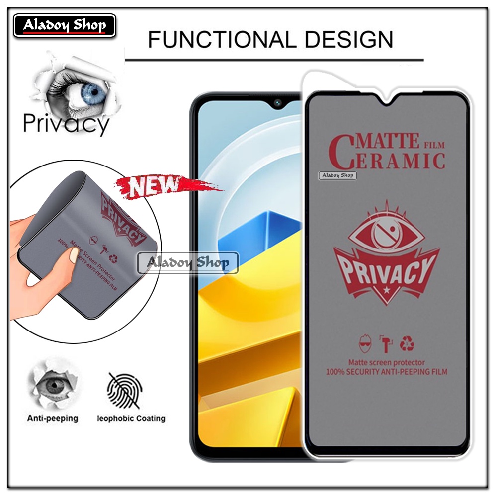 Tempered Glass Anti SPY Xiaomi Poco M5 Anti Gores Privacy + Tempered Glass kamera dan Skin Carbon