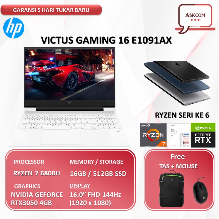 Laptop HP Victus Gaming 16 RTX3050 4GB/ RYZEN 7 6800H RAM 16GB 512GB SSD W11+OHS 16.0FHD 144HZ E1091AX/E1090AX