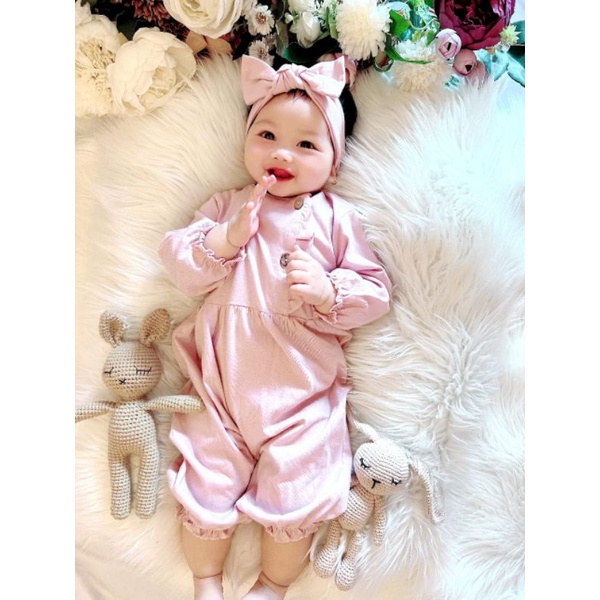 Jumpsuit Bayi Vania bahan katun Free Headband 0-12 bulan