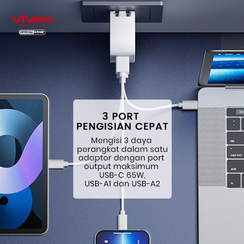 Vivan GaN02S 65W 5.4A GaN Travel Charger Fast Charging 3 Port USB-C