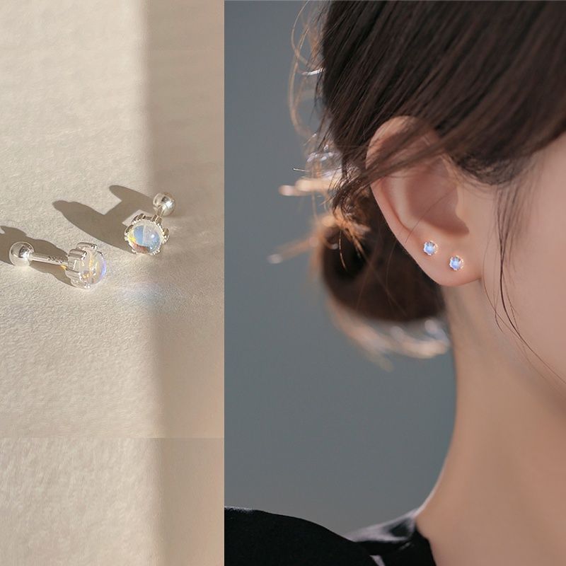 Magic789 Korea Mempesona Biru Moonstone Jantung Anting Sekrup Untuk Wanita Gadis Hypoallergenic Geometris Stud Earring Pakaian Harian Telinga Perhiasan