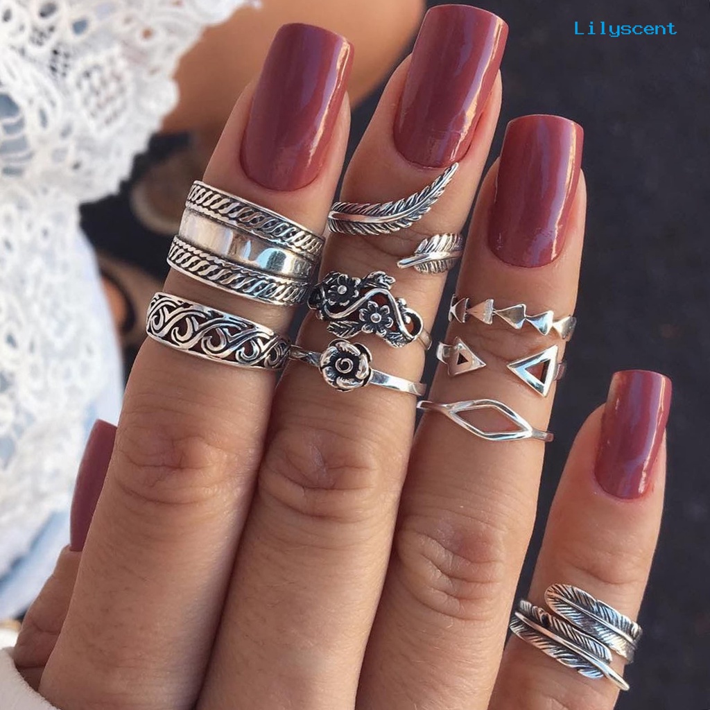 [LS]9Pcs Stackable Knuckle Rings Hollow Keluar Bunga Daun Wanita Vintage Jari Cincin Perhiasan Aksesoris