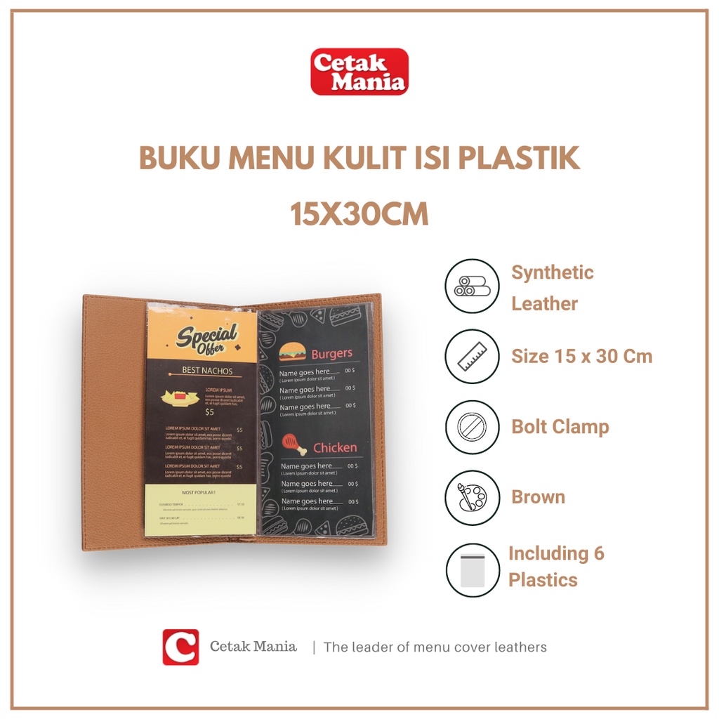 

Buku Menu Kulit Restoran - Cafe - Coffee Shop - Ready Stock - Menu Cover Leather - Sampul Menu Jepit Baut Isi Plastik Ukuran 15x30