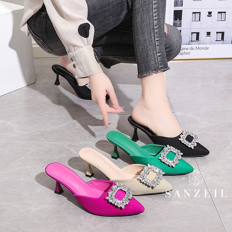 SANZEIL Clare Mules Heels Wanita Import Elegan dengan Acc Diamond