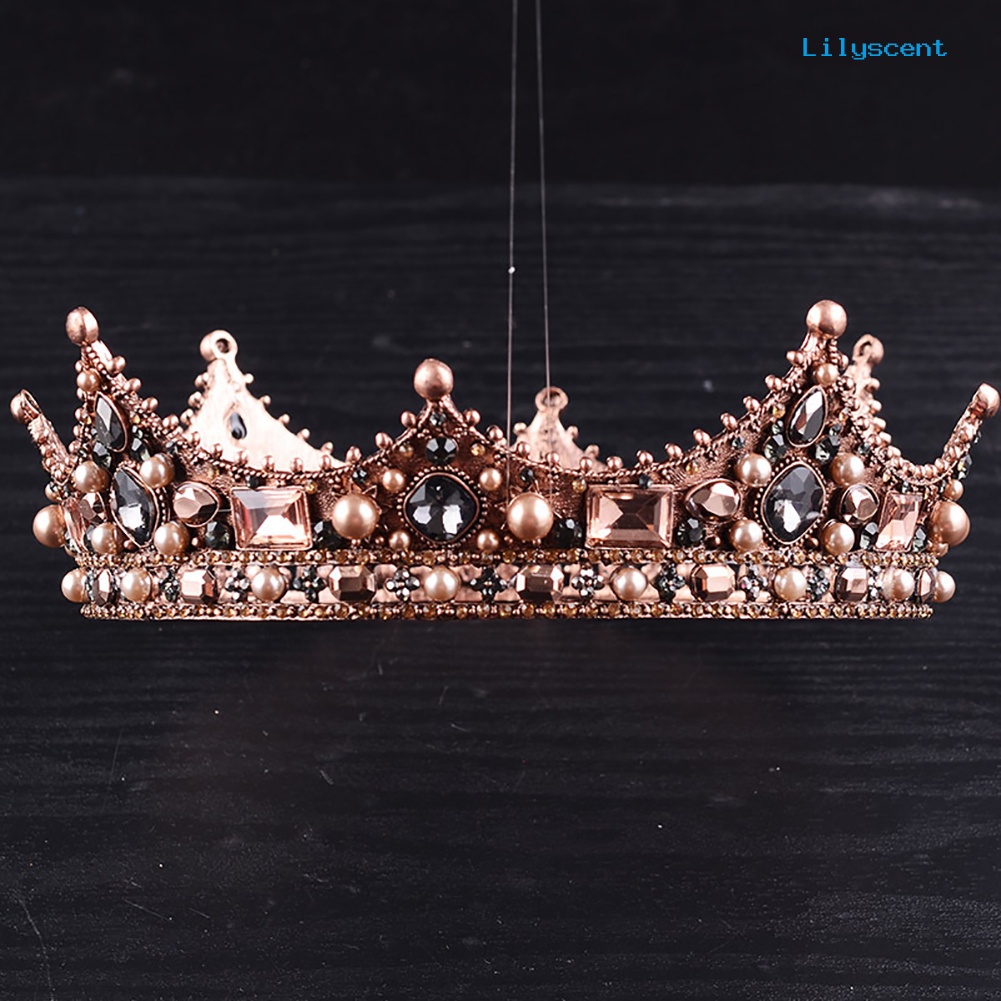 [LS]Retro Baroque Beaded Queen Tiara Crown Pernikahan Hiasan Kepala Bando Aksesoris Rambut