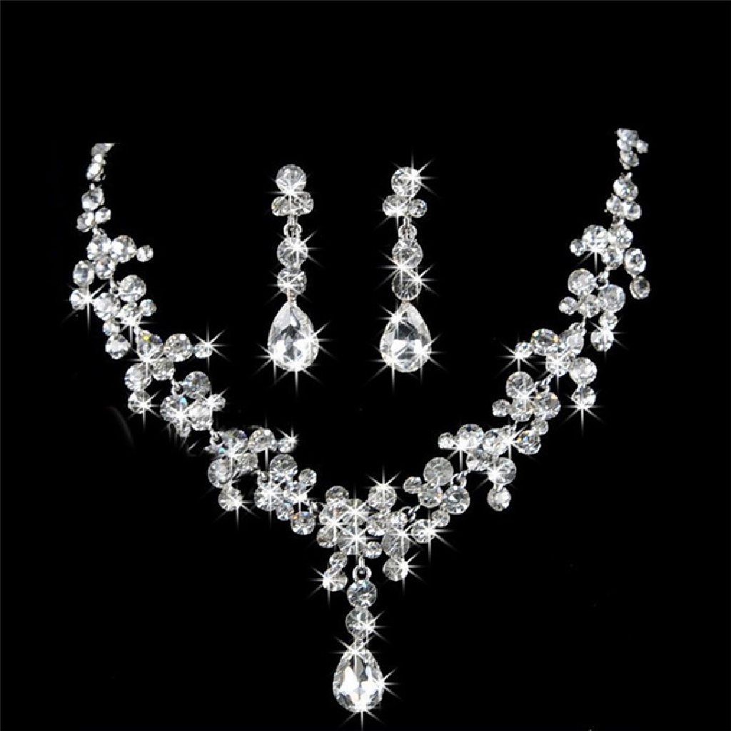 /Fashion Hot// Fashion// Wanita Set Perhiasan Perak Pernikahan Bridal Kristal Berlian Imitasi Kalung Anting.