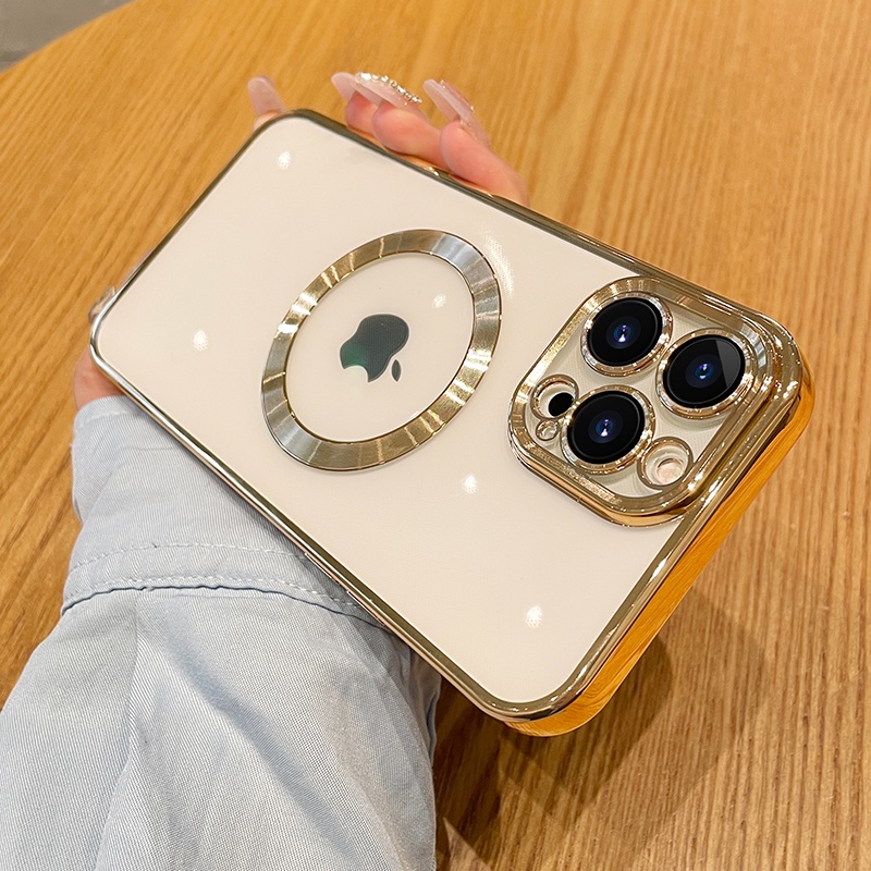 IPHONE Mewah Plating Bening Logo Lubang Shockproof Phone Case Untuk Iphone11 12 13 14 Pro Max Mini XR X XS 78 Plus Cover Perlindungan Lensa