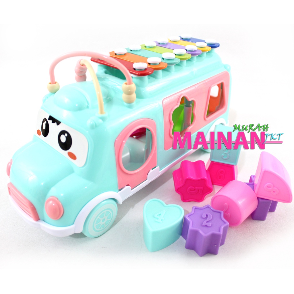 MAINANKEI MAINAN ANAK MURAH XYLOPHONE DUS MUSIK BUS YE19 MUSIK GAMBANG DAN BENTUK SHAPE PUZZLE MOBIL EDUKASI ANAK