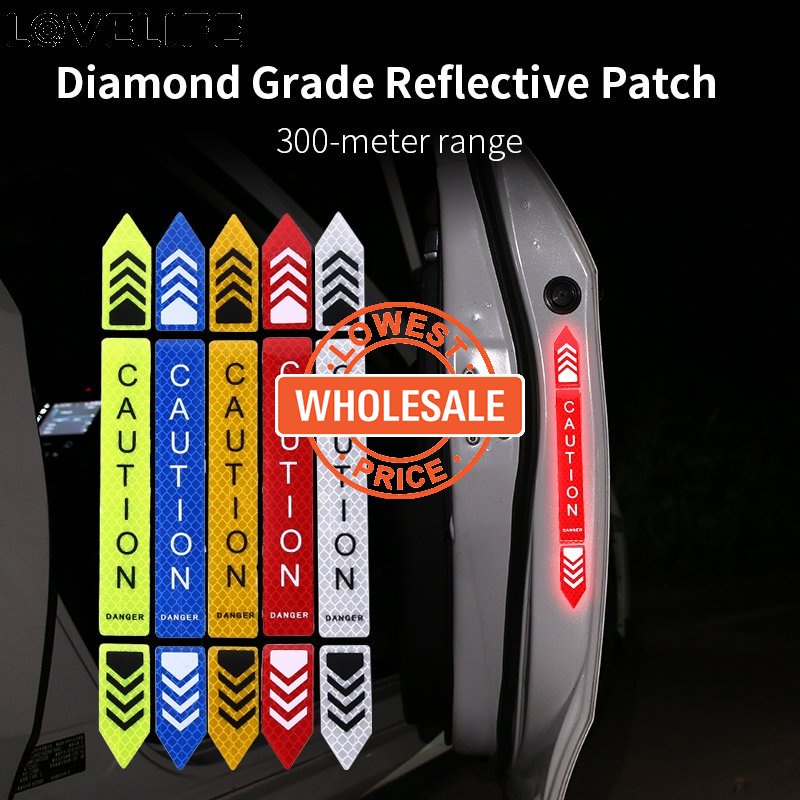 [Harga Grosir] 4pcs Pack Safety Warning Mark CAUTION High Reflective Tape Strip Reflektif Mobil Universal Aksesoris Otomotif Stiker Reflektif Pintu Mobil