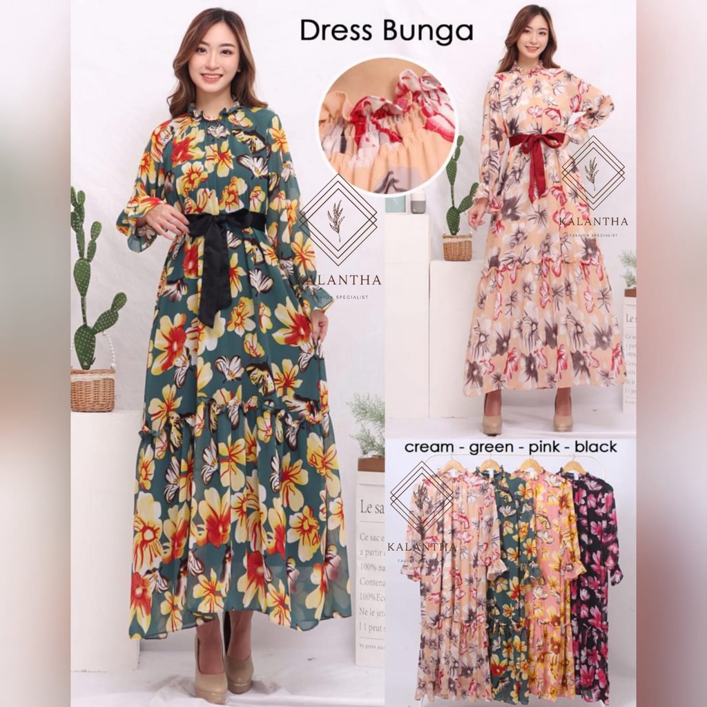 KALANTHA FASHION Dress Adriana Long Dress Chiffon Floral Cantik Dress Panjang Motif Bunga Bahan Sifo