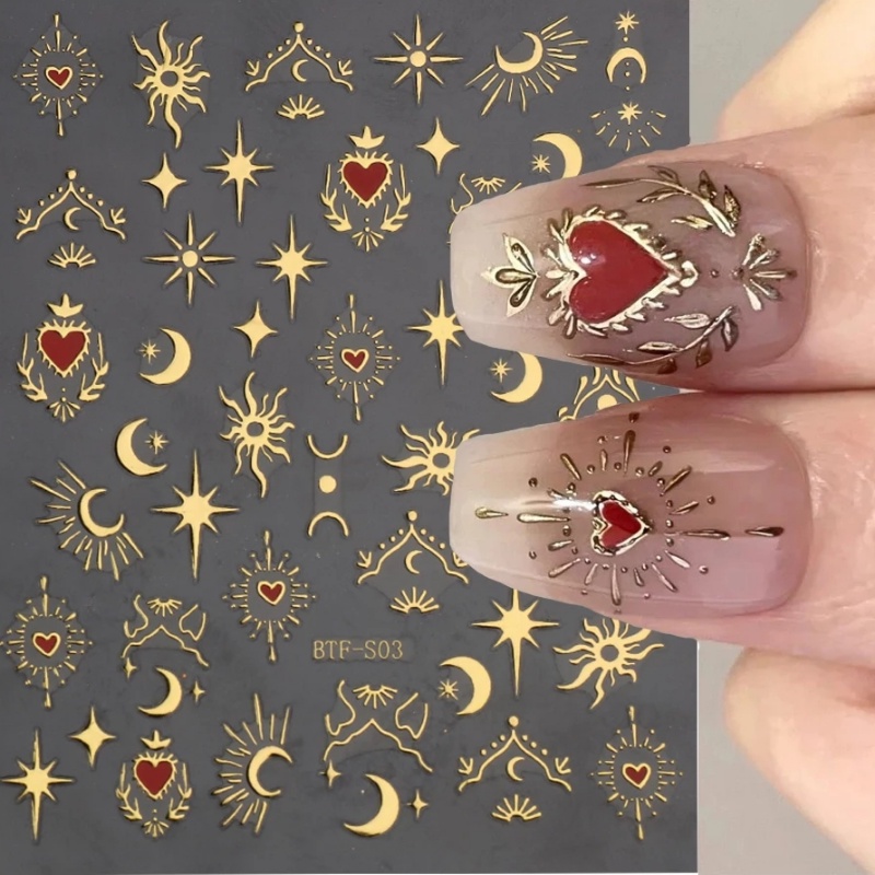 Bronzing Jantung Kuku Stiker Emas Sliver Laser Kupu-Kupu Bintang Bulan Self Adhesive Sliders DIY Nail Art Aksesoris Dekorasi