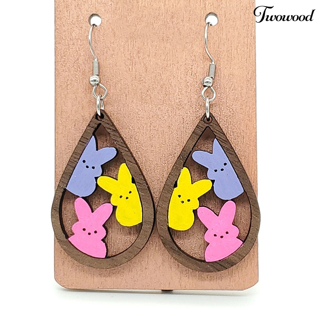 Twowood 1pasang Anting Kait Tetesan Air Berbentuk Hollow Kayu Hadiah Fashion Perhiasan Warna-Warni Bunny Kelinci Menjuntai Anting Untuk Paskah