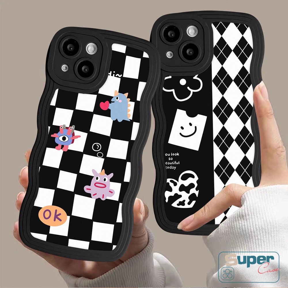 IPHONE Couple Chessboard Diamond Grid Case Kompatibel Untuk Iphone14 11 13 12 Pro Max 6 6s 8 7 Plus 14Plus XR X XS Max SE 2020 Kartun Monster Kecil Lembut TPU Wavy Edge Cover